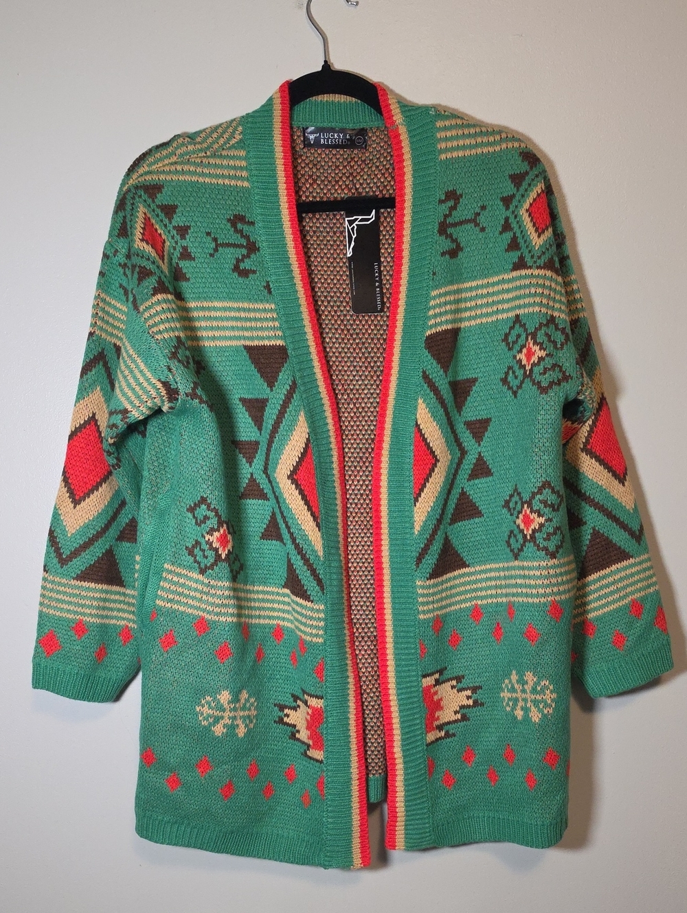 Lucky And Blessed Women's Teal Aztec Open-Front Cardigan W/ Pockets